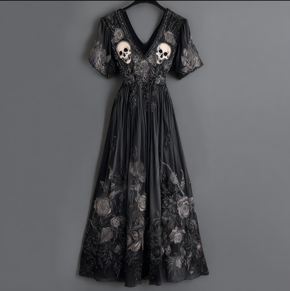 Halloween Skeleton Element V-neck Short Sleeve Dress