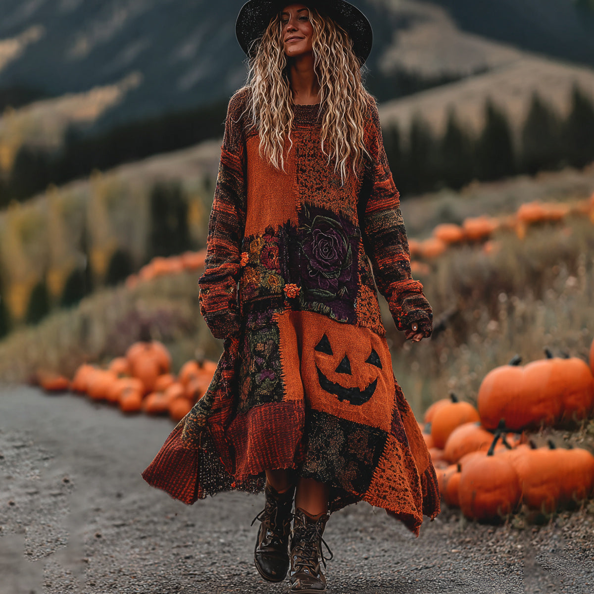 Vintage Halloween Pumpkin Face With Floral Patchwork Art Linen Cozy Knit Sweater Maxi Dress