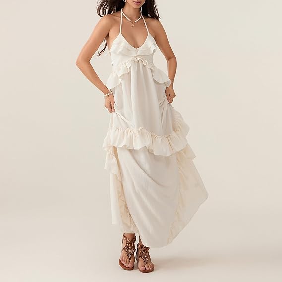 White Halter - neck Tiered Ruffle Maxi Dress