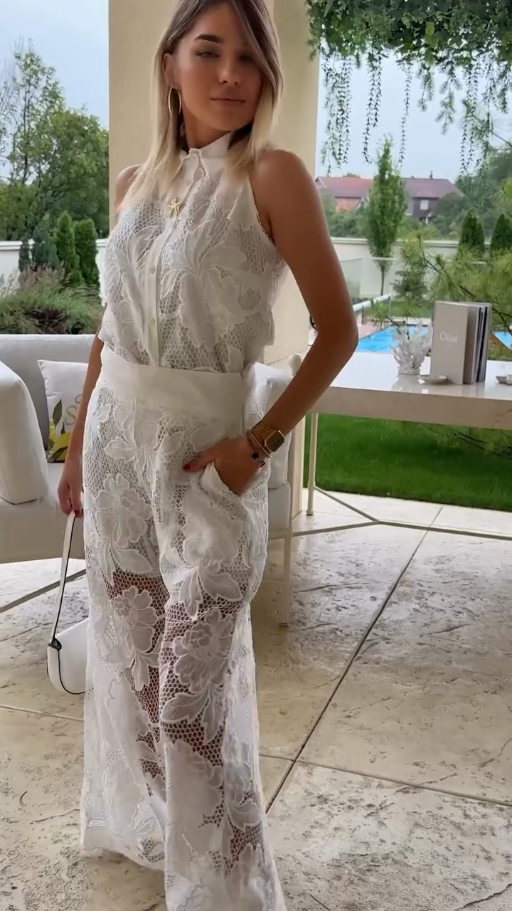 White Lace Halter Top and Wide - leg Pants Set