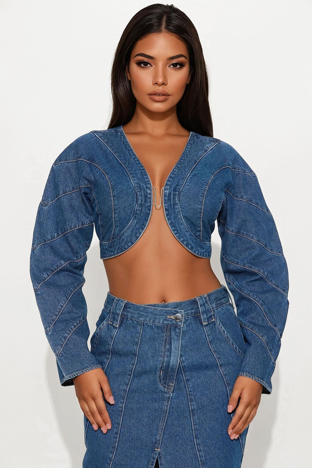 Denim Crop Jacket & Slit Midi Skirt Set