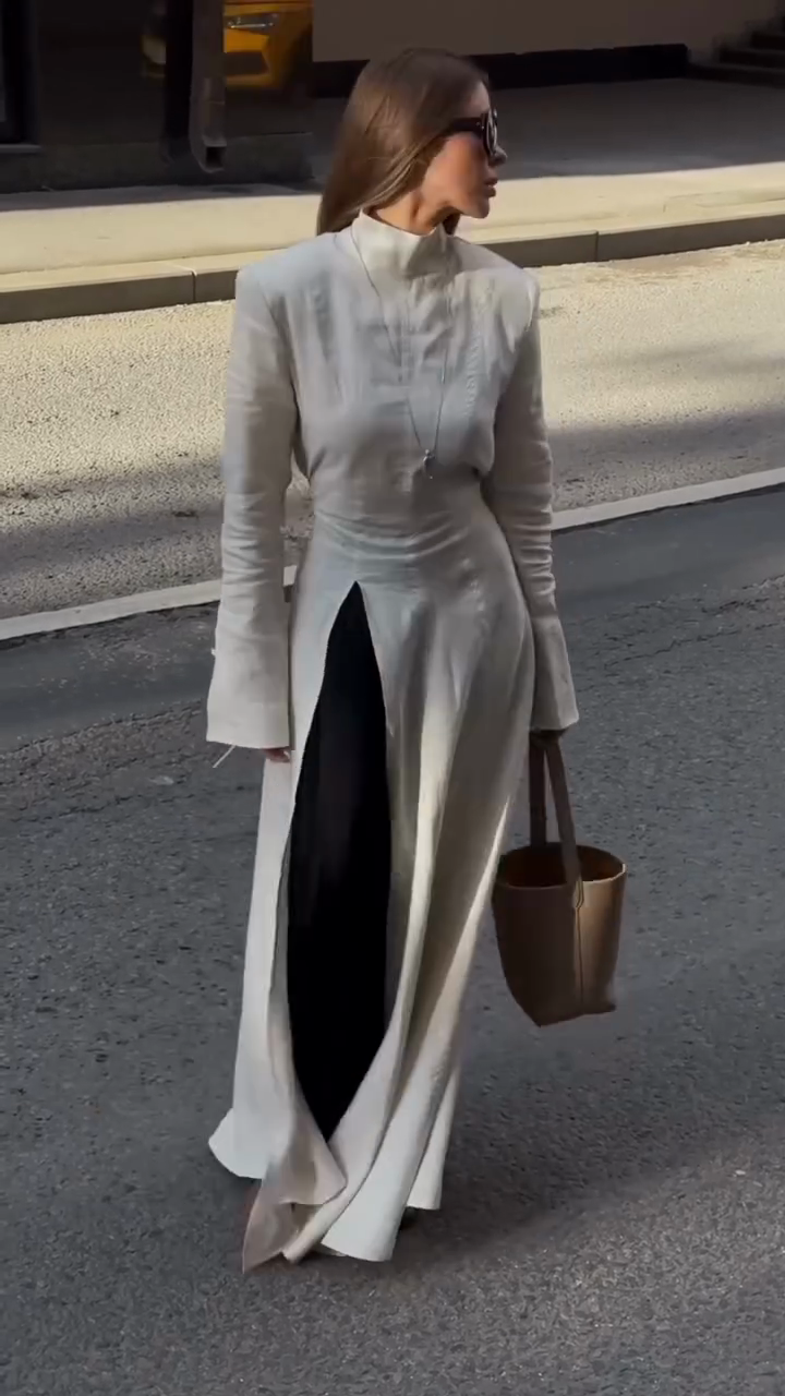 White High - Neck Long - Sleeve Maxi Dress