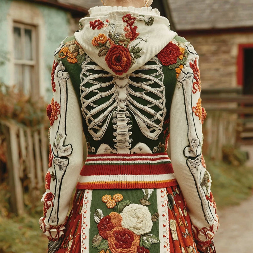 Vintage Halloween Anatomy Chunky And Skeleton Floral Knitted Hooded Sweater