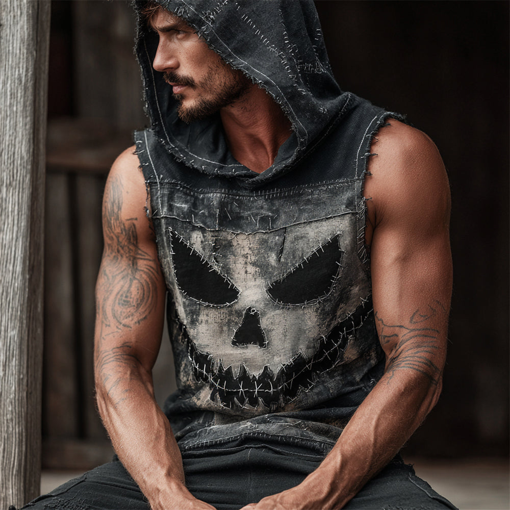 Halloween Evil Pumpkin Emoji Vintage Men's Hooded Tank