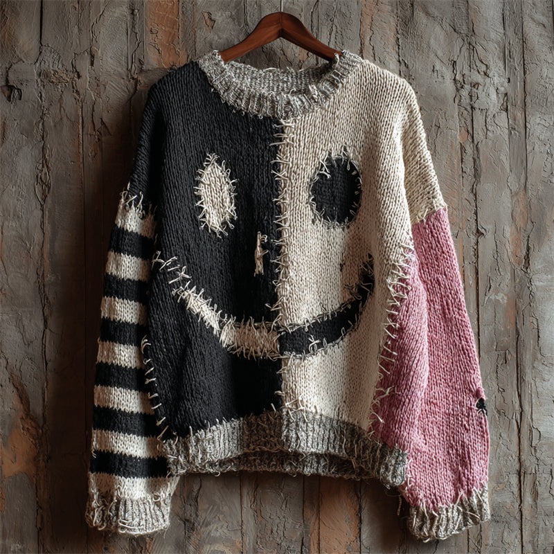 Halloween Spooky Face Contrast Stitched Cozy Knit Sweater