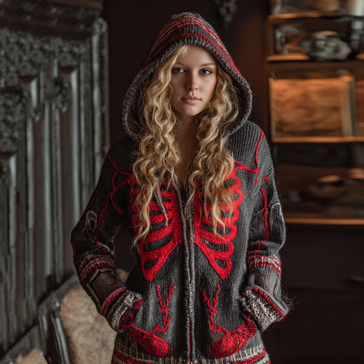 Vintage Halloween Anatomy Blood Vessels Art Chunky Knitted Zipped Hooded Sweater