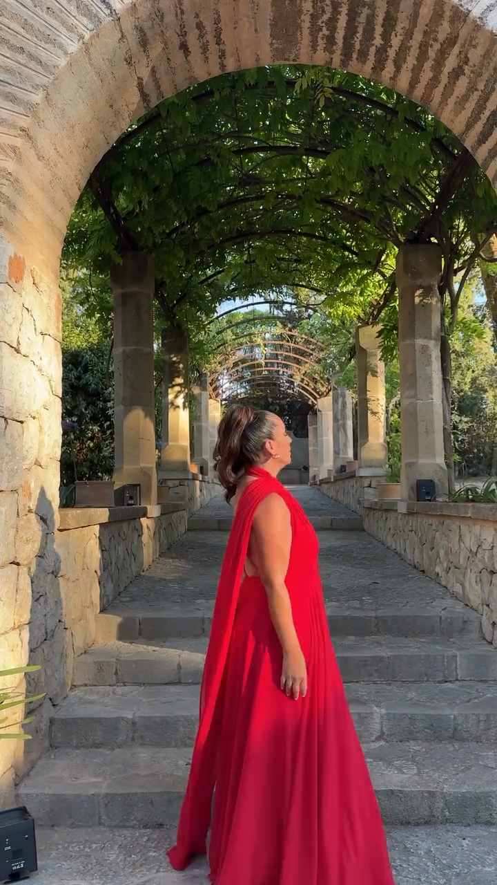 Red Cape - Sleeve Maxi Evening Dress