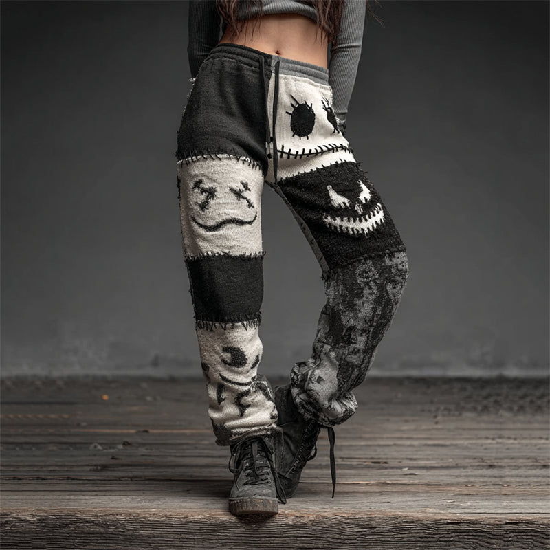 Halloween Spooky Faces Contrast Patchwork Sweatpants
