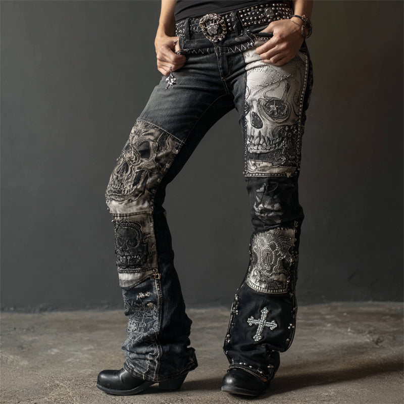 Vintage Rock Skulls & Cross Studded Patchwork Bootcut Jeans
