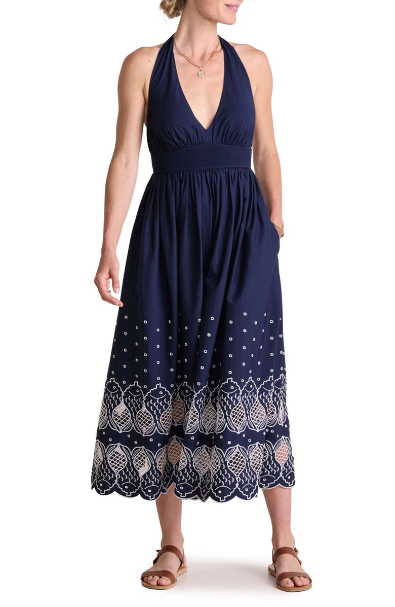 Navy Blue Embroidered Hem Halter Neck Midi Dress