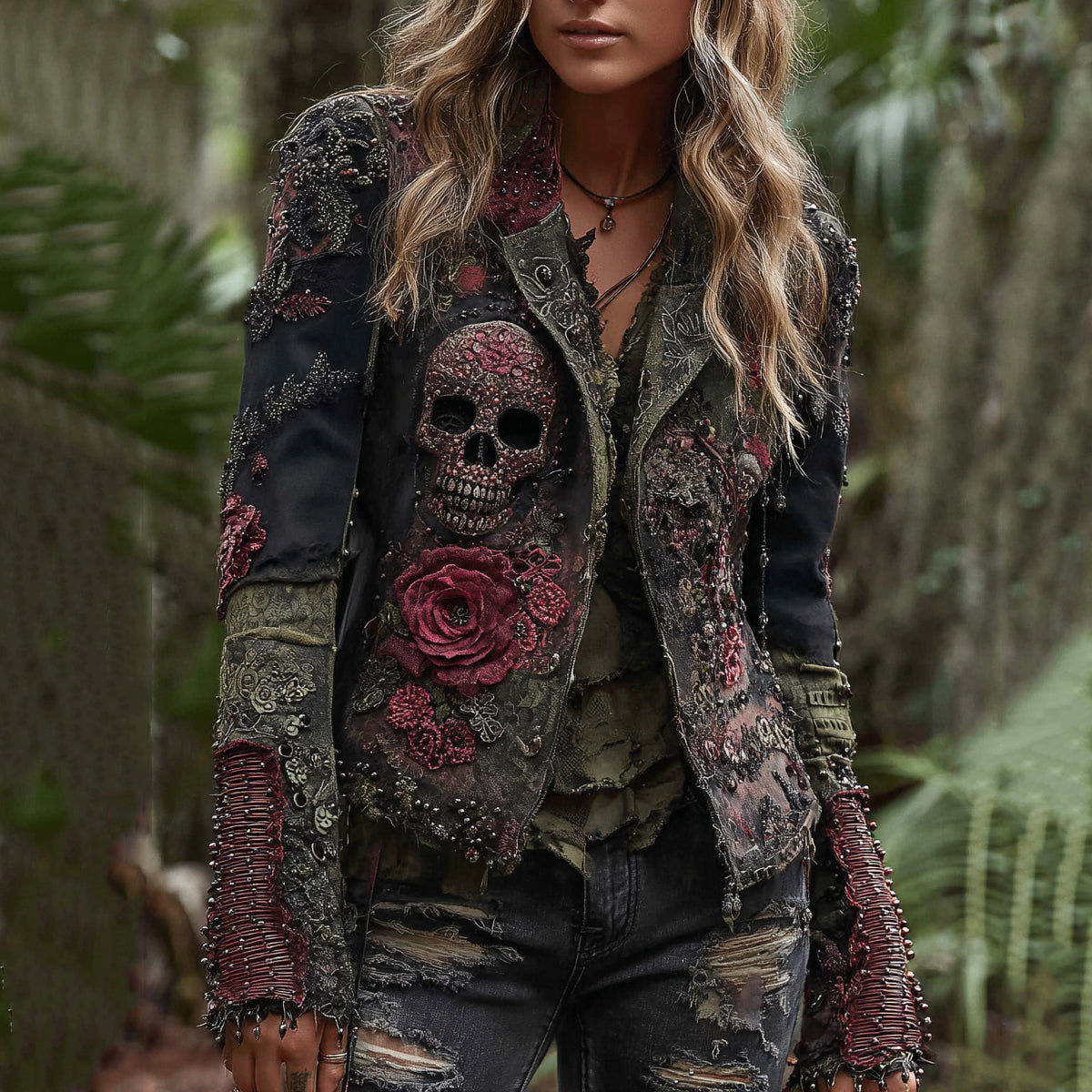 Rose And Skull Gothic Rock Contrast Lapel Denim Jacket