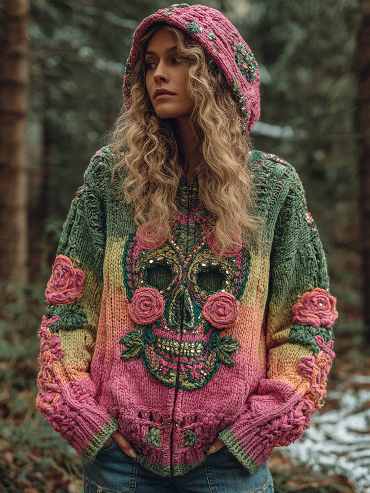 Women's Viking Tribal Jacquard Celtic With Red Rose And Skull Inspired Cozy Knitted Hooded Cardigan