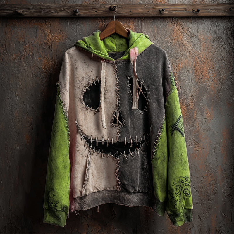 Halloween Pumpkin Face Contrast Stitched Washed Hoodie