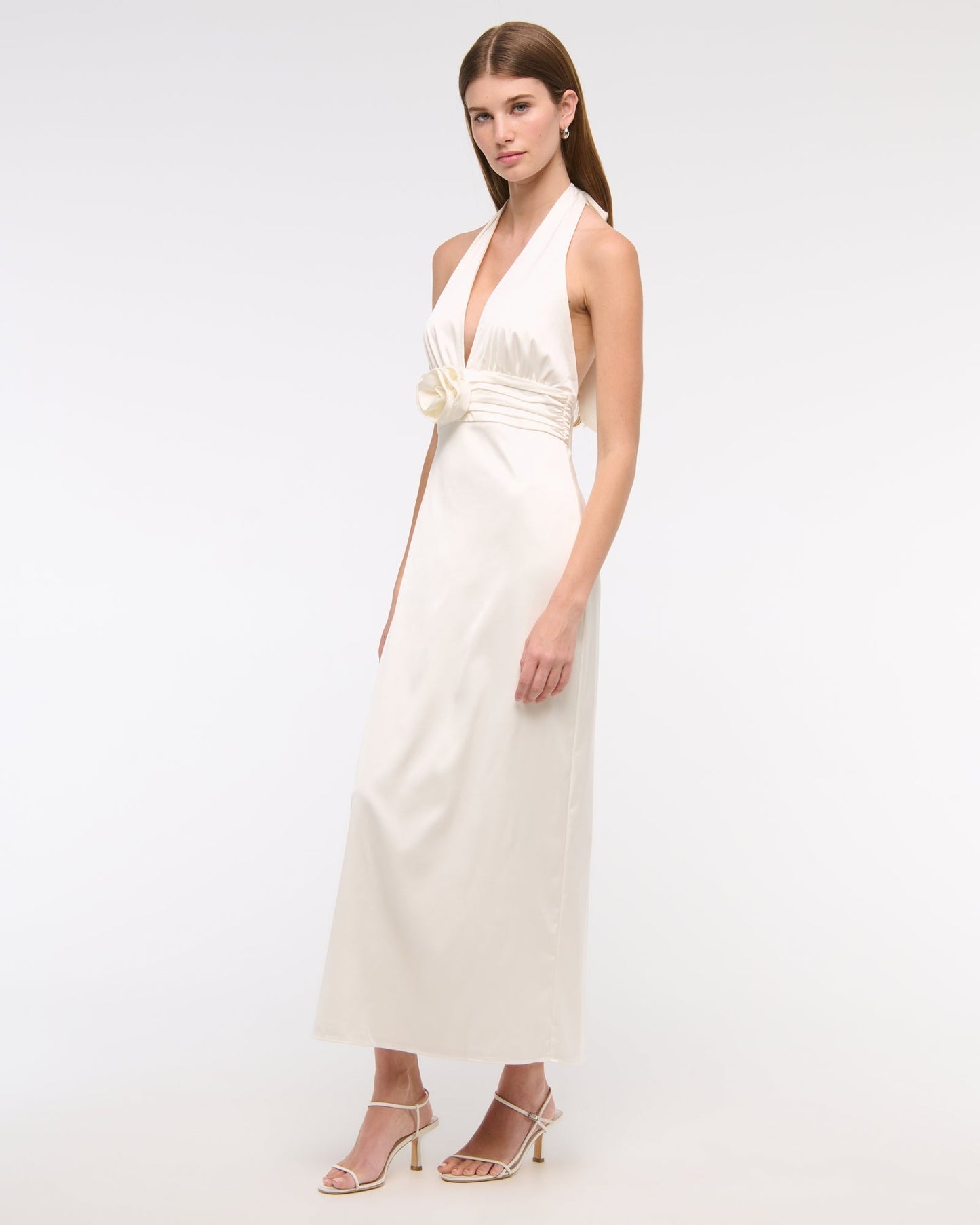 White Halter Neck Satin Maxi Dress