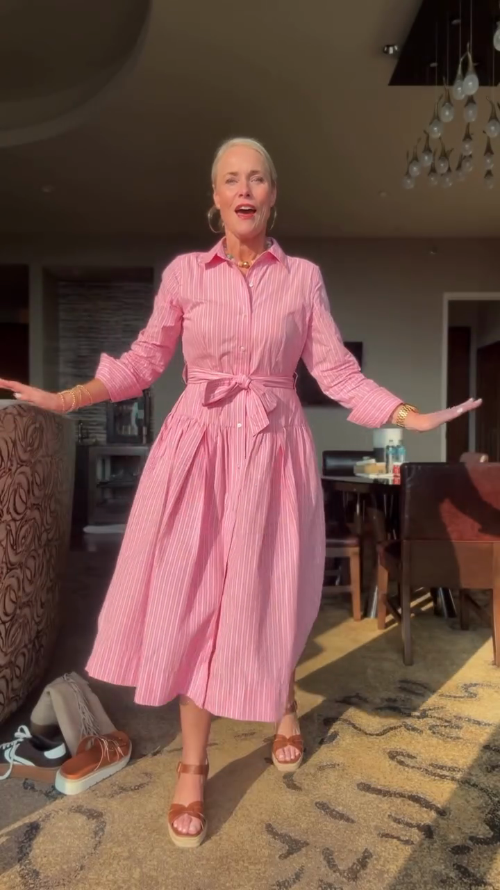 Pink Striped Shirt Dress with Belt