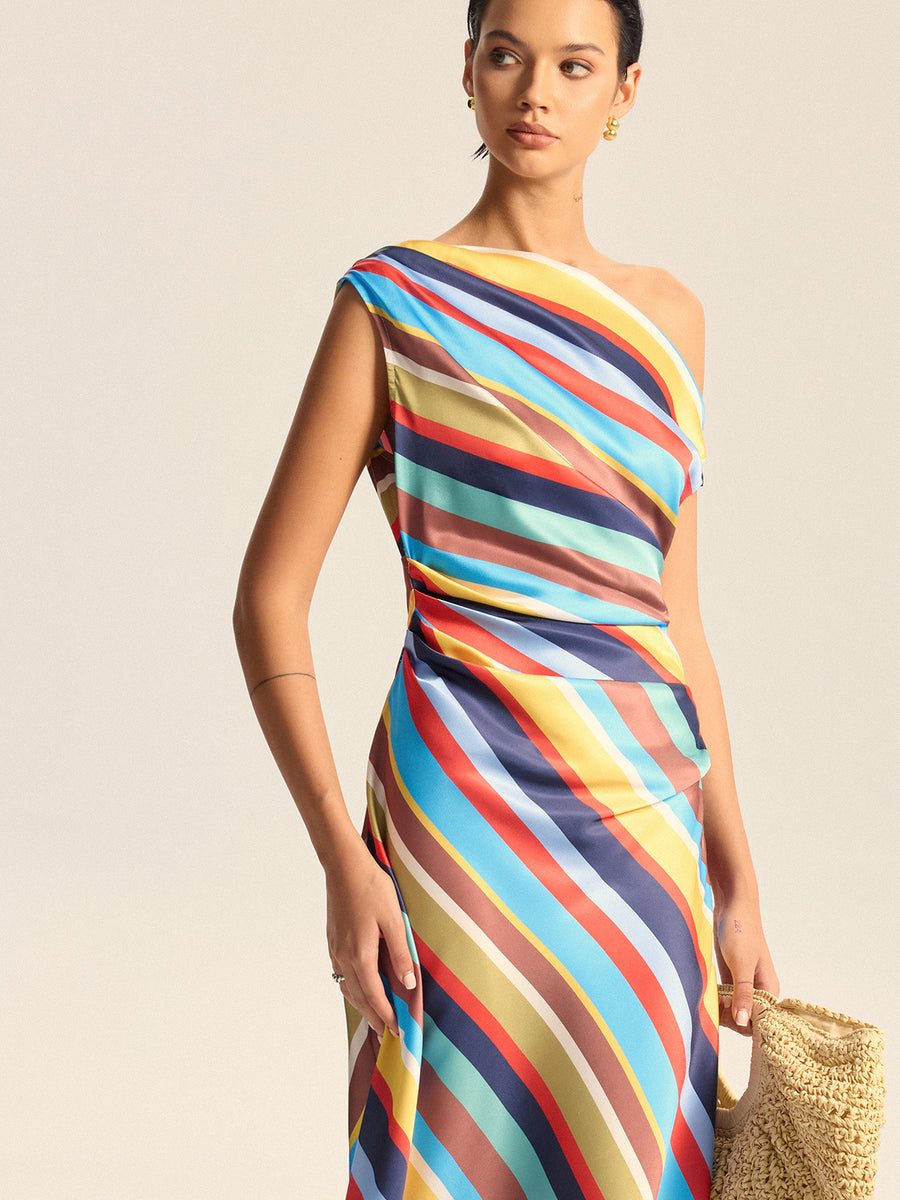 Multicolored Striped Off - the - Shoulder Midi Dress