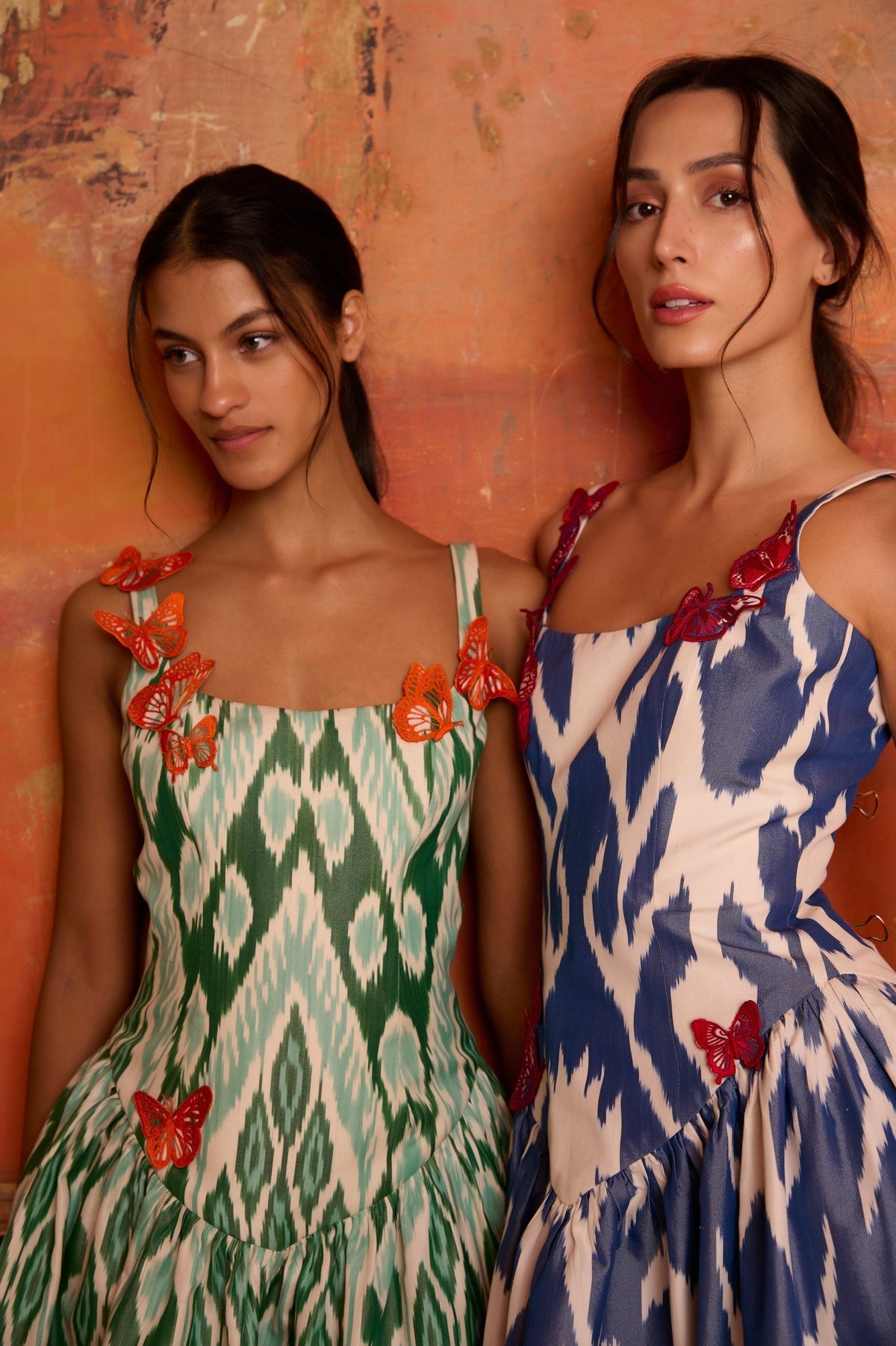 Blue and White Ikat Print Dress with Red Butterfly Embellishments