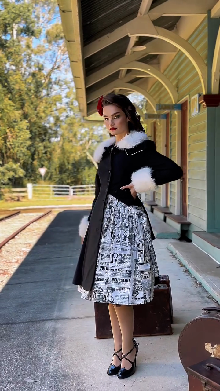 Vintage - inspired Black Coat with Fur Trim