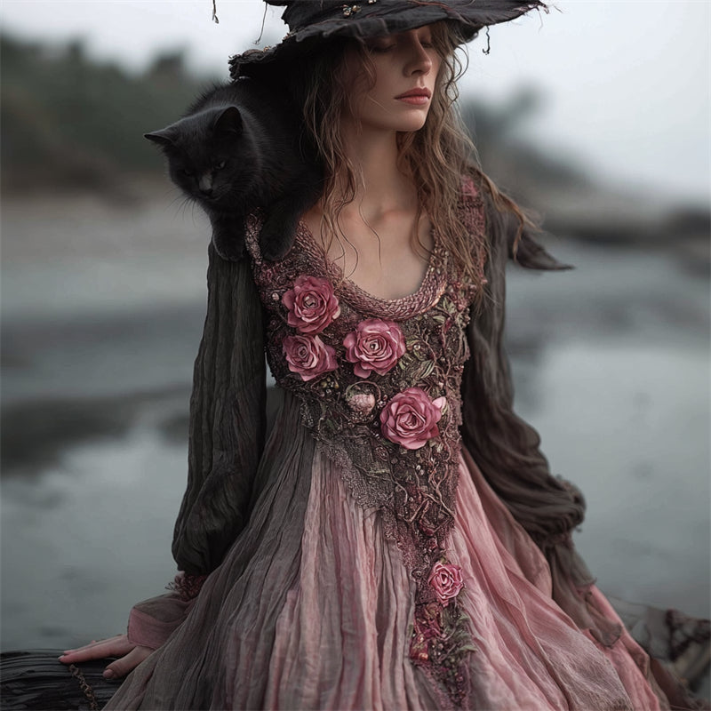 Vintage Witch Pink Roses Glitter Fiber Art Flowy Linen Dress
