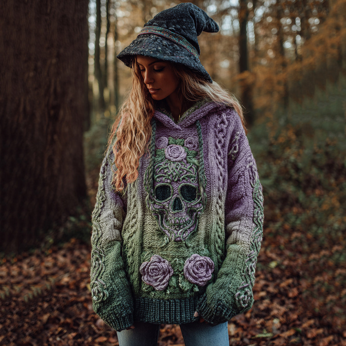 Women's Viking Tribal Jacquard Celtic With Rose And Skull Inspired Chunky Knit Hooded Sweater