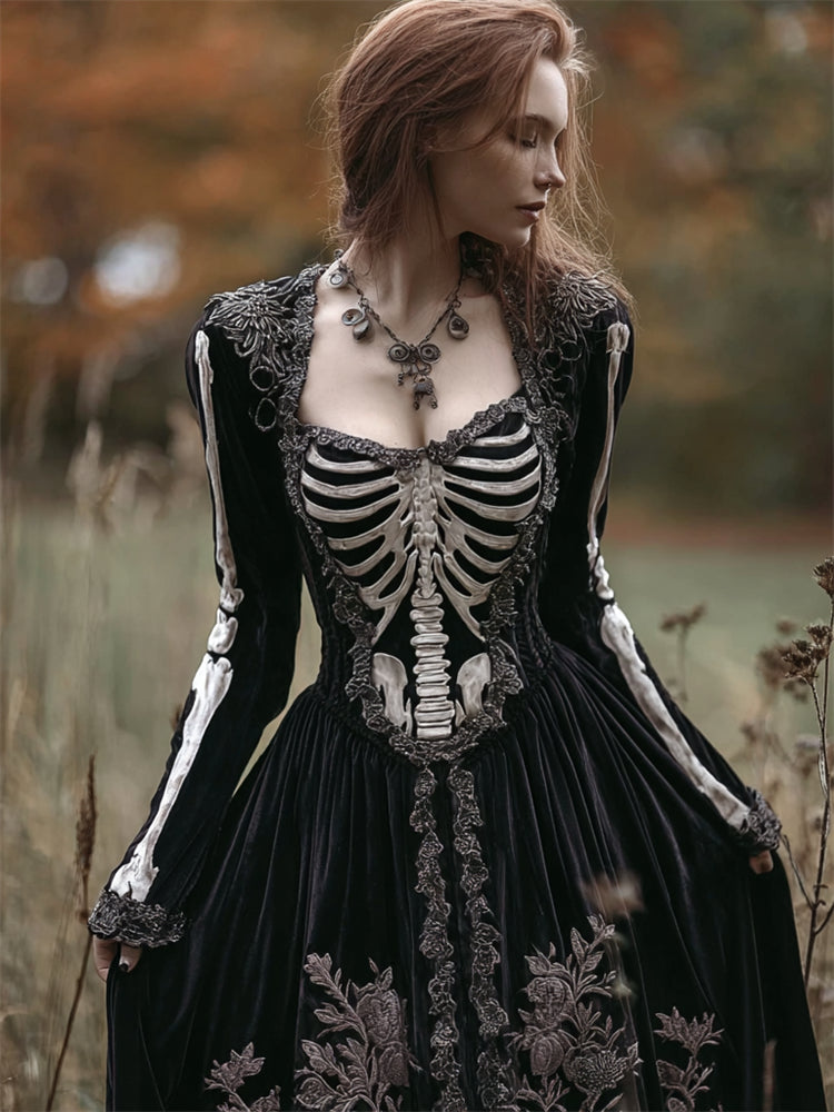 Vintage Classy Skeleton Floral Beaded Trim Velvet Maxi Dress