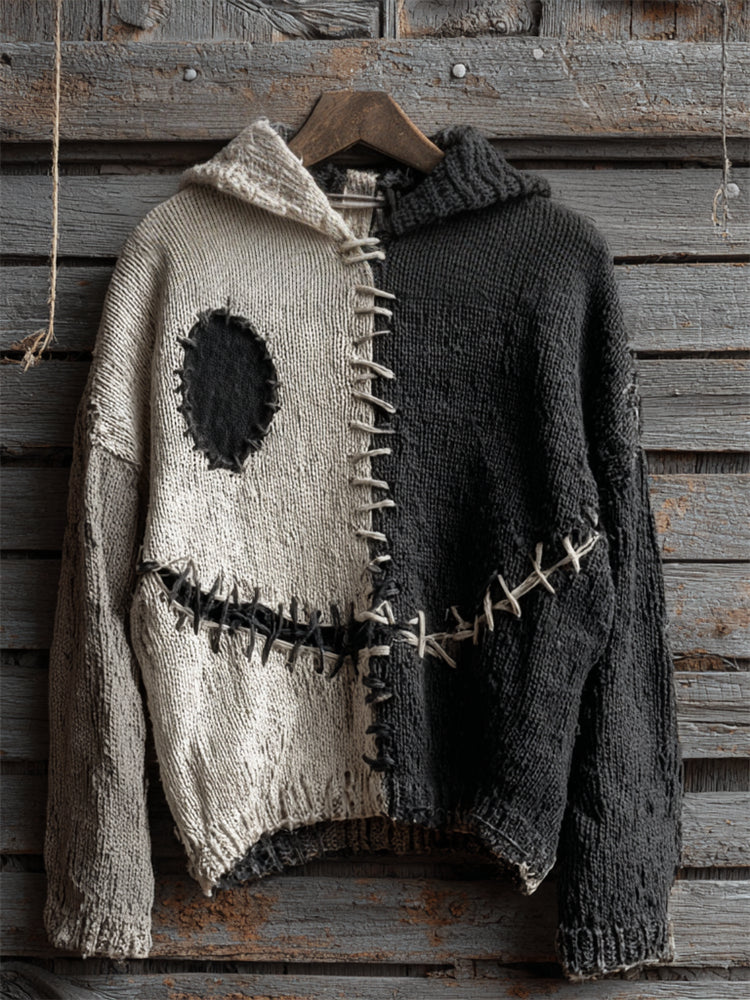 Halloween Spooky Face Contrast Stitched Hooded Cozy Knit Sweater