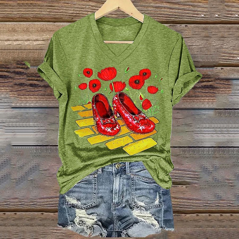 Classic Ruby Red Shoes Floral Painting V-Neck T-Shirt