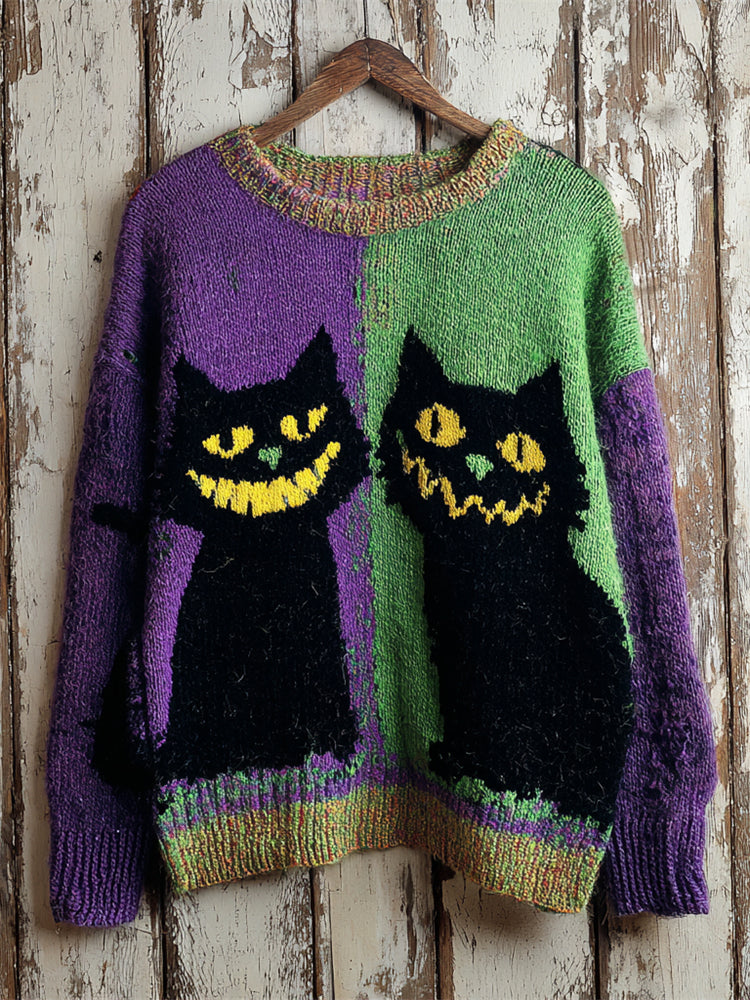 Halloween Black Cat Color Blocking Women's Knitted Sweater