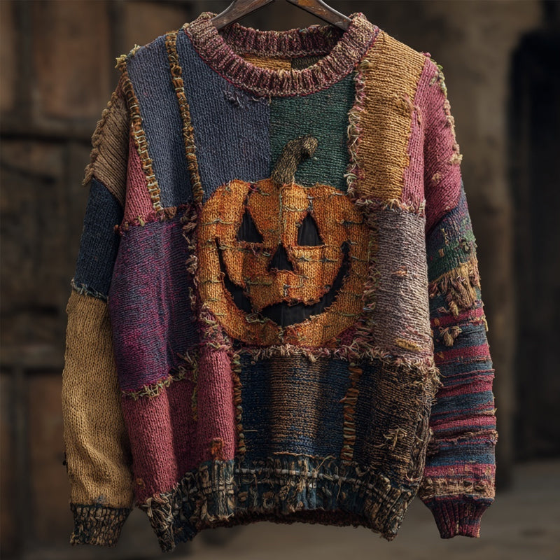 Vintage Spooky Pumpkin Face Embroidered Patchwork Knitted Sweater