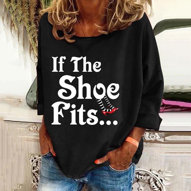 Women's Halloween Witch If The Shoe Fits Classic Ruby Red Shoes Pattern Print Long Sleeve T-Shirt