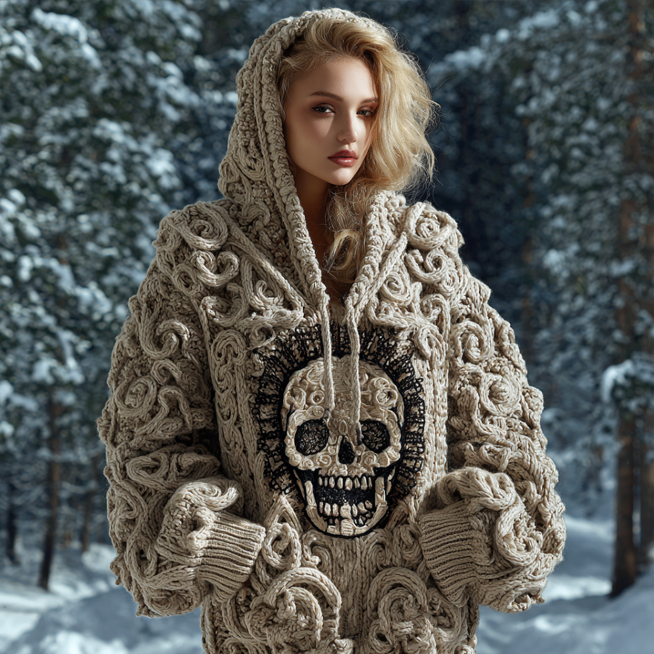 Halloween Skeleton Element Viking Style Women's Hooded Pullover Knit Sweater