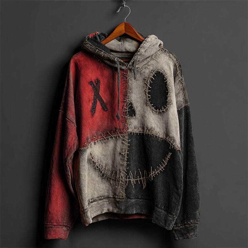 Halloween Pumpkin Face Colorblock Patchwork Hoodie