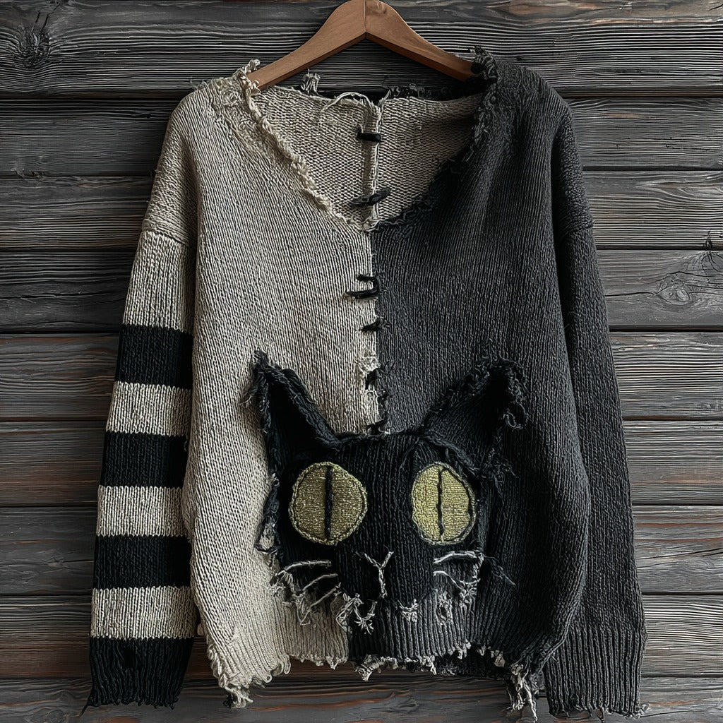 Halloween Green-eyed Black Cat Patchwork Knitted V-neck Sweater