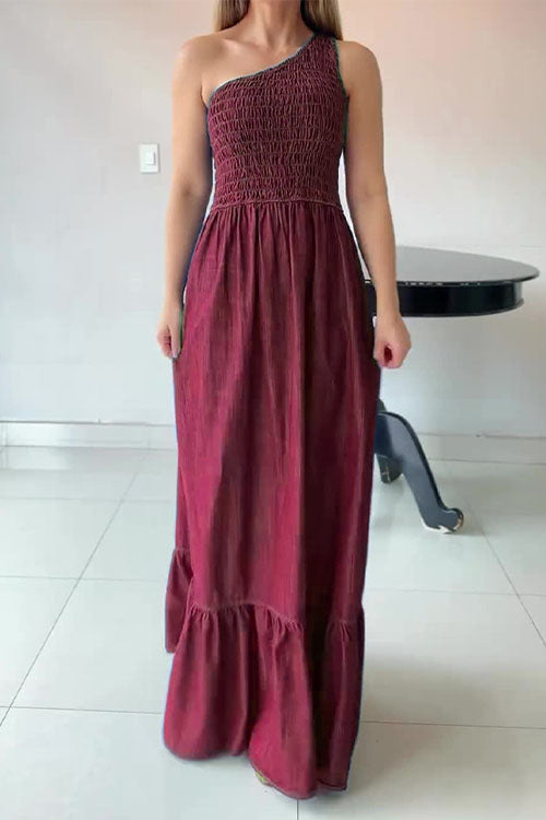 One - Shoulder Smocked Denim Maxi Dress
