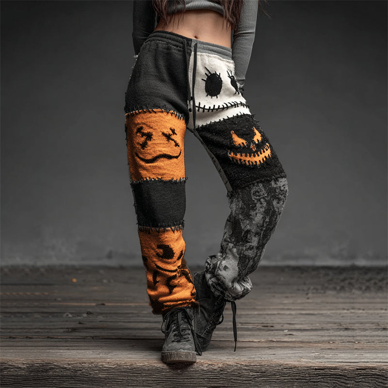 Halloween Spooky Faces Contrast Patchwork Sweatpants