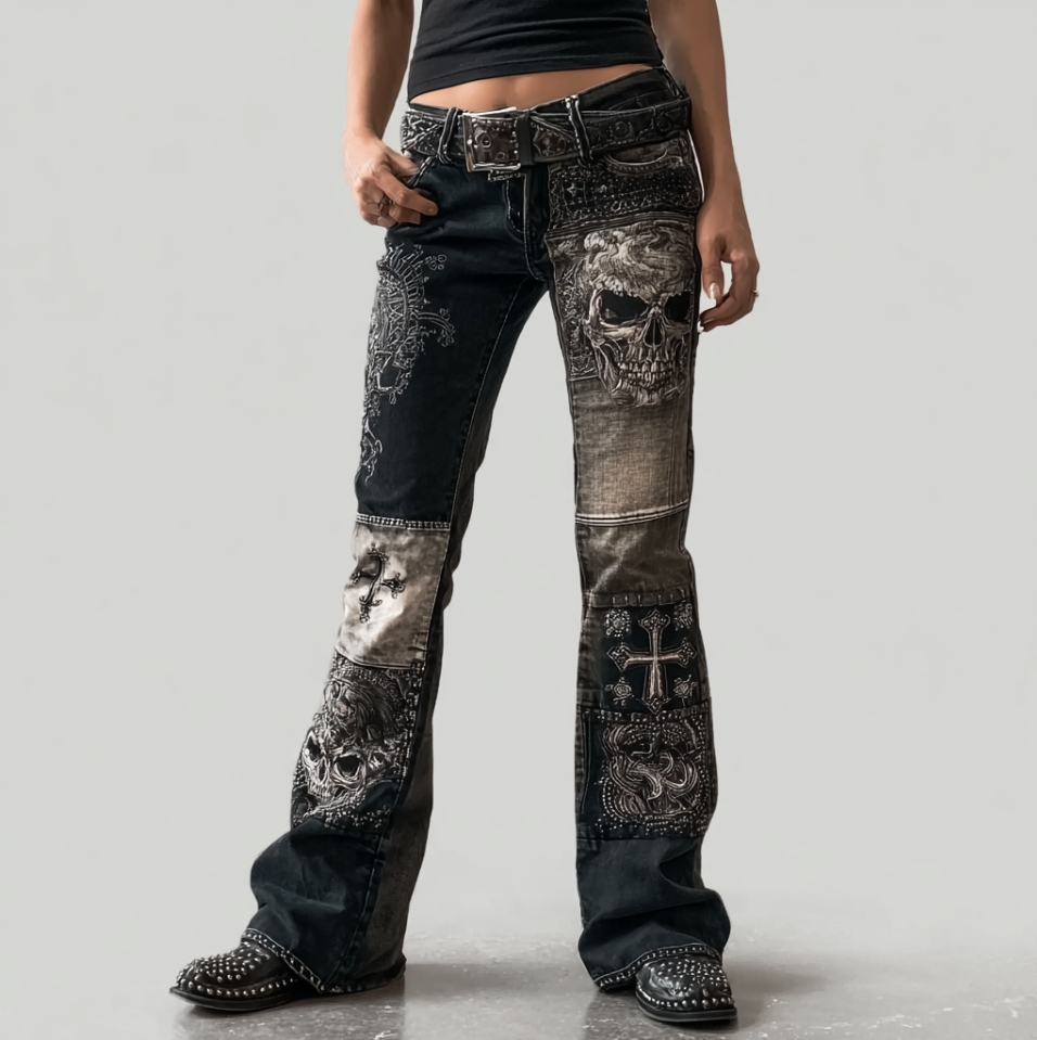 Rock Punk Skull Cross Element Retro Distressed Heavy Workwear Women's Denim Long Pants