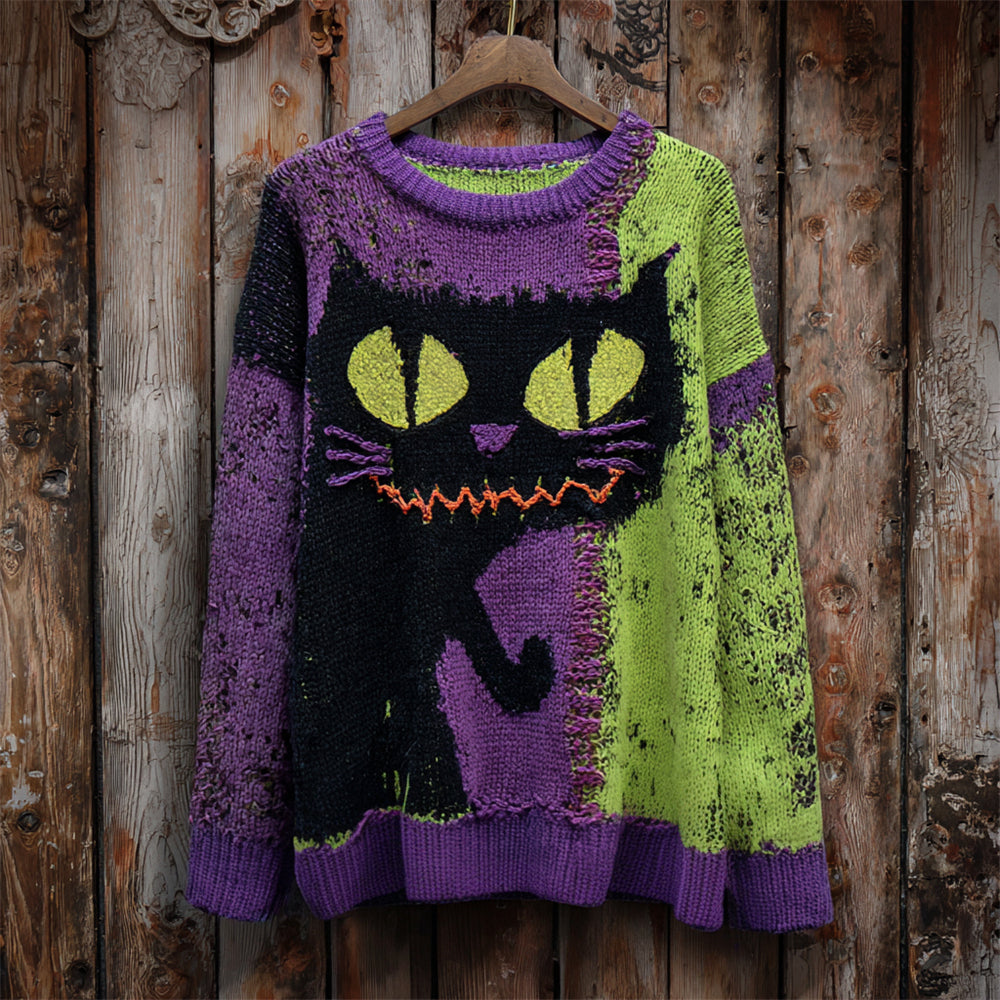 Halloween Cute Black Cat Color Blocking Women's Knitted Sweater