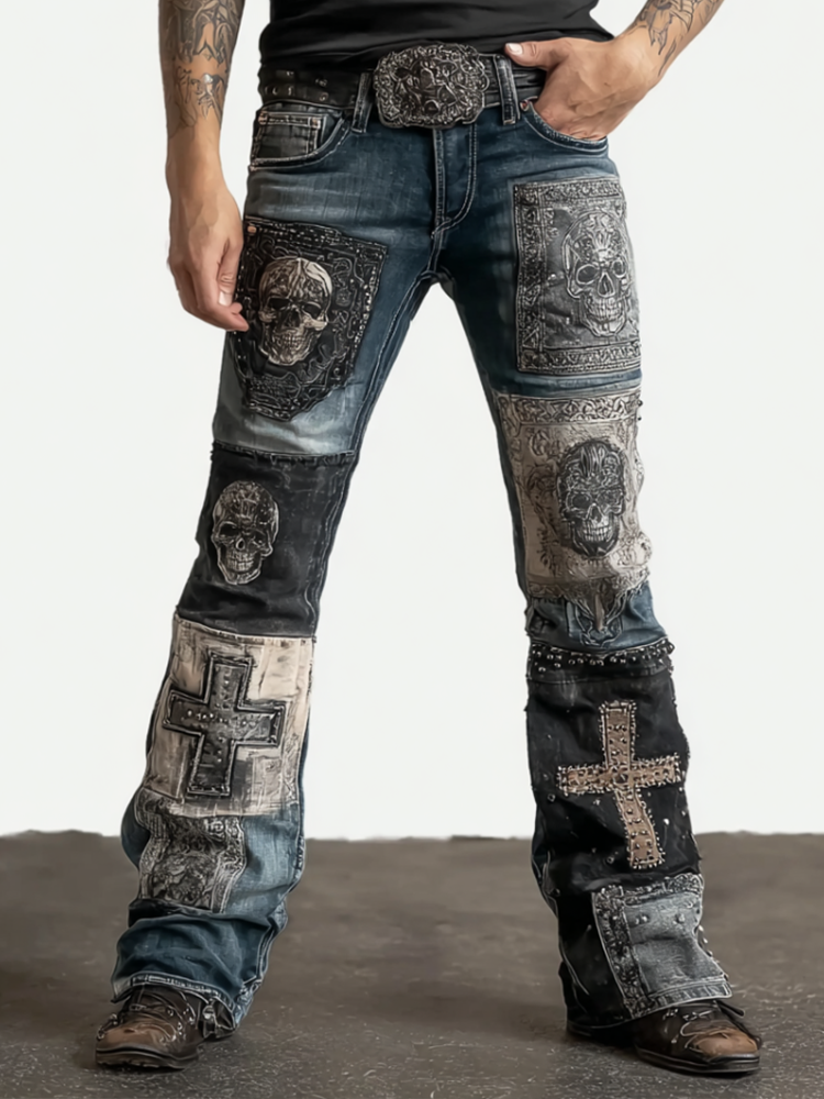 Rock Punk Skull Cross Element Retro Distressed Heavy Workwear Men's Denim Long Pants