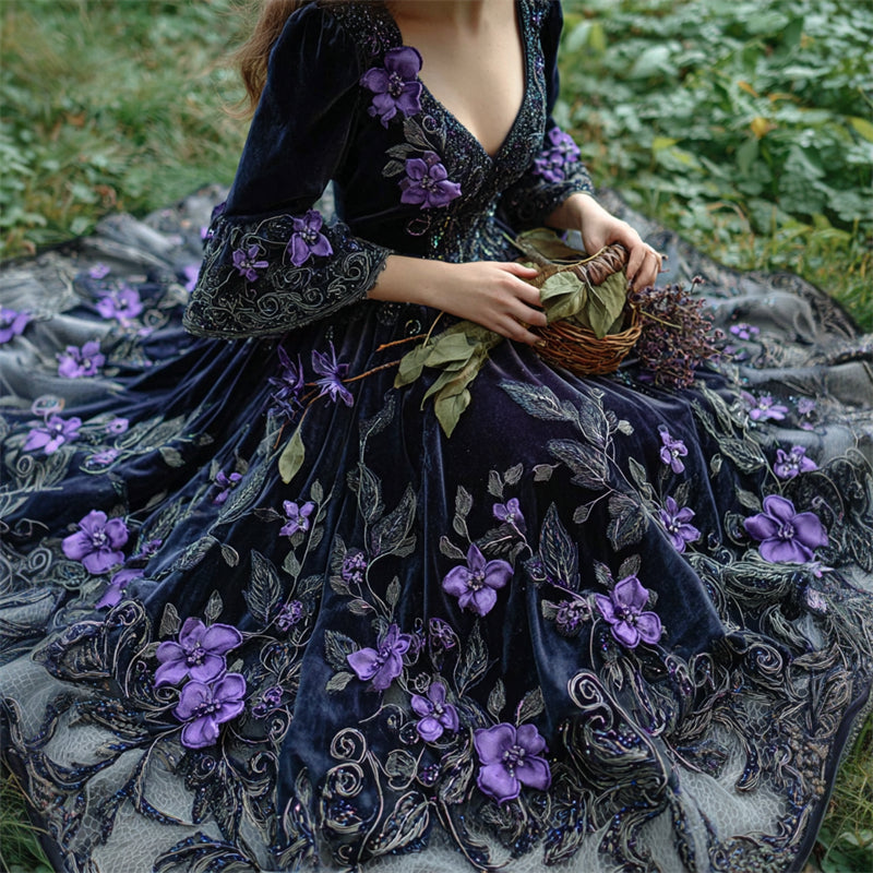 Vintage Witch Purple Flowers Glitter Embroidered Medieval Dress