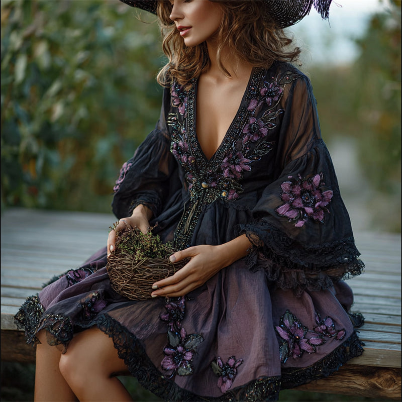 Vintage Witch Purple Floral Glitter Embroidered Flowy Linen Dress