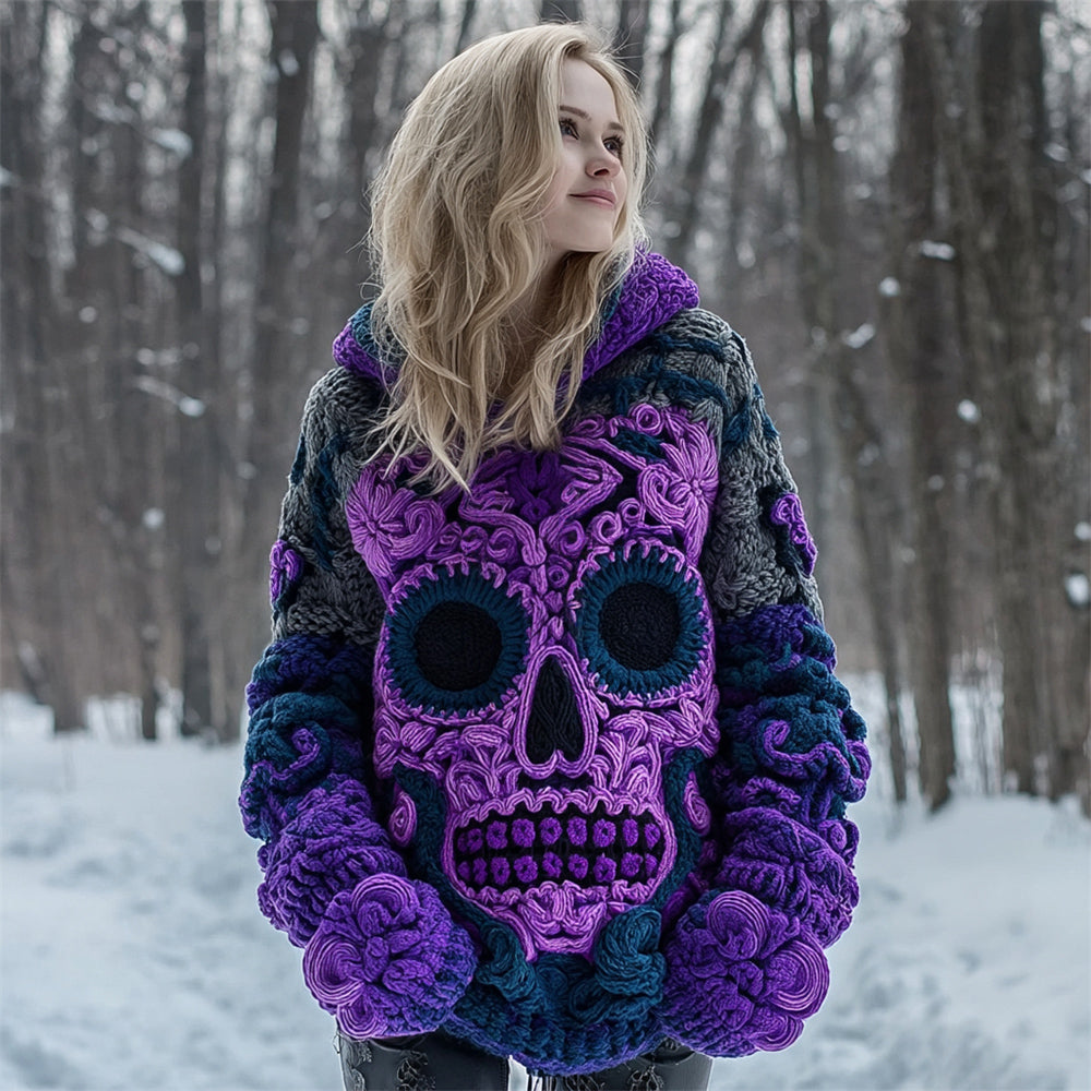 Quirky Skull Pattern Women's Chunky Knit Hooded Sweater