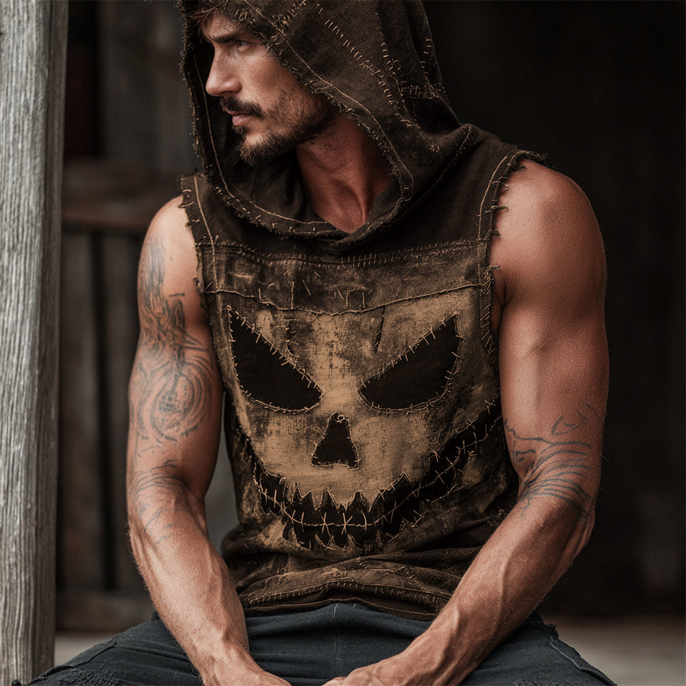 Halloween Evil Pumpkin Emoji Vintage Men's Hooded Tank