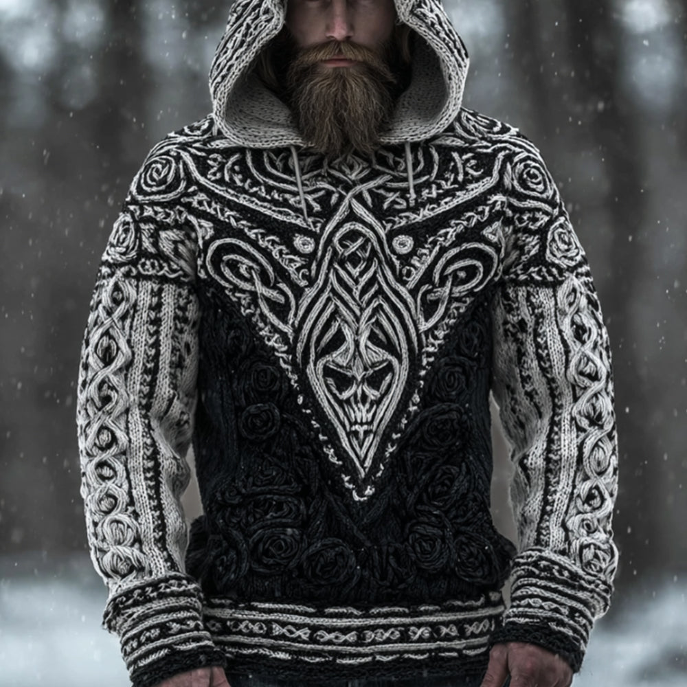 Men's Ethnic Patterned Dark Retro Hooded Knitted Sweater