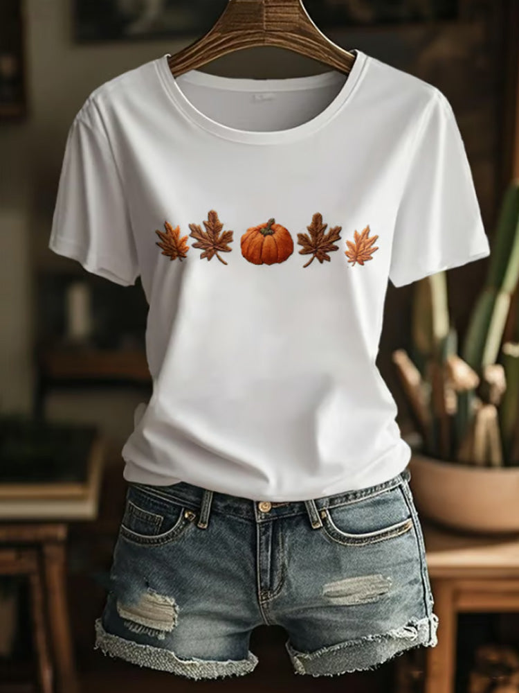 Women's Casual Retro Autumn Pumpkin Maple Leaf T-shirt