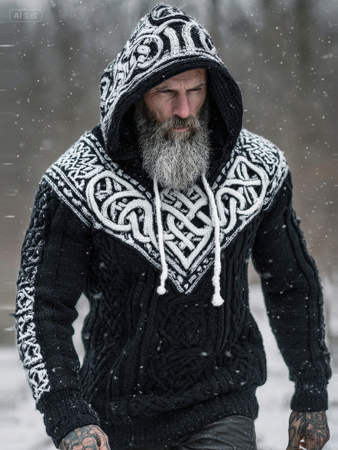 Men's Viking Tribal Jacquard Celtic Knotwork Inspired Chunky Knit Hooded Sweater
