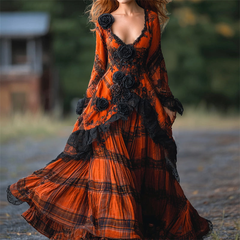 Vintage Gothic Black Roses Lace Trim Plaid Maxi Dress