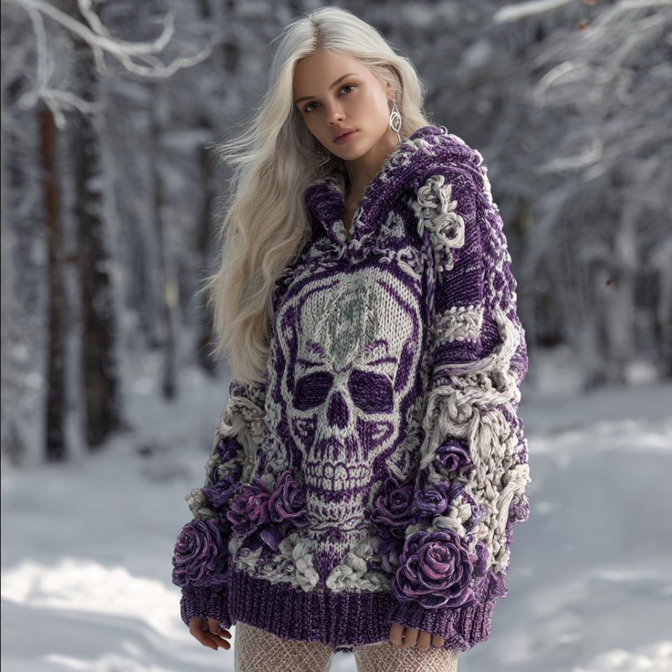 Halloween Skeleton Element Viking Style Women's Hooded Pullover Knit Sweater