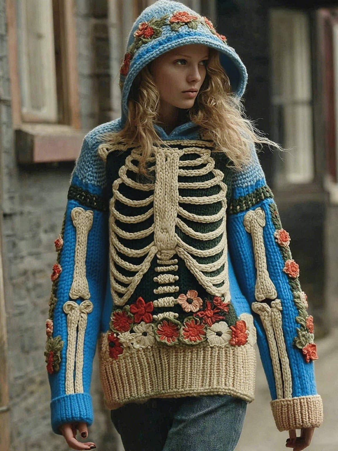 Vintage Halloween Anatomy With Floral Art Chunky Knitted Hooded Sweater