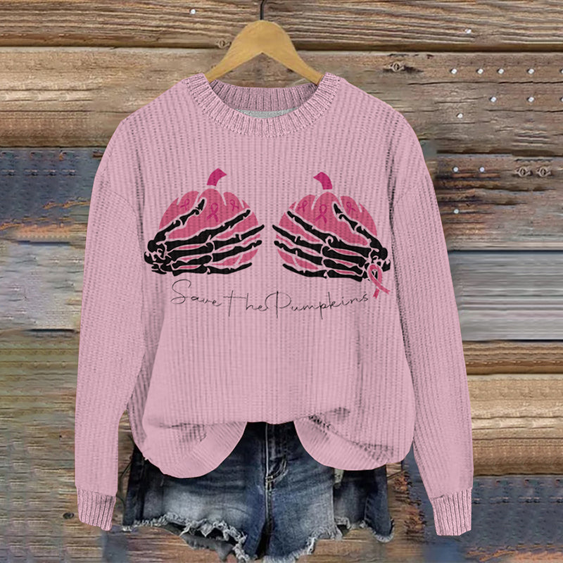 Pink Pumpkin Skull Embroidery Art Women's Sweater