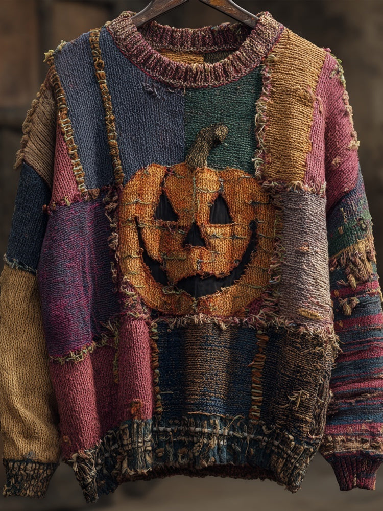 Vintage Spooky Pumpkin Face Embroidered Patchwork Knitted Sweater